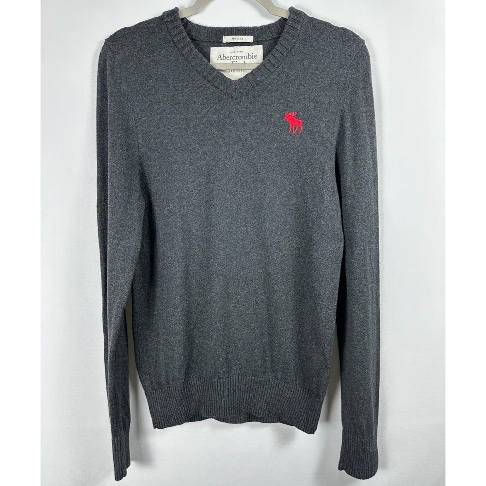 Abercrombie & Fitch Y2K Muscle Fit Cotton/Cashmere Sweater Mens L Gray Red Moose